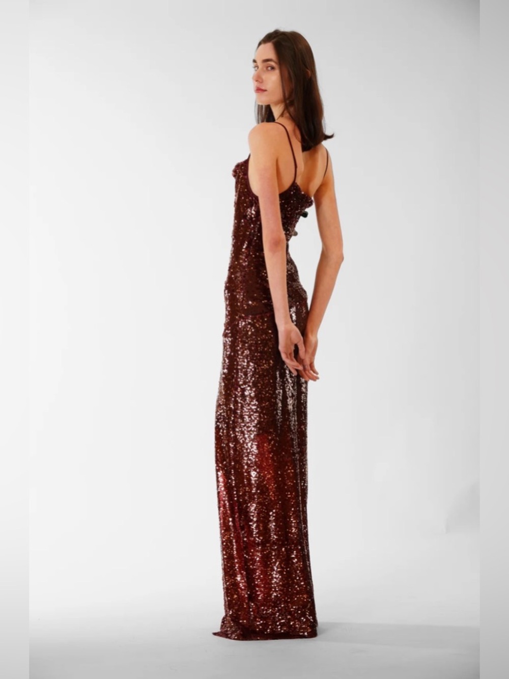 Julia Jordan Sequin Cowl Neck Side Slit Maxi Dress in Red Wine Color Slip NWOT - Picture 4 of 11